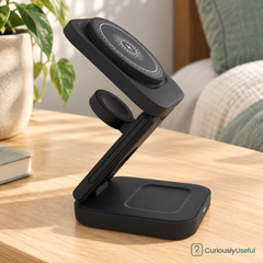 Black foldable wireless charger open on a warm timber bedside table, with the phone pad, watch puck and base charging area visible.