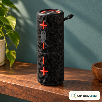 Joined black magnetic split Bluetooth speaker on a warm timber tabletop with a clearly visible Curiously Useful logo on an ivory badge.