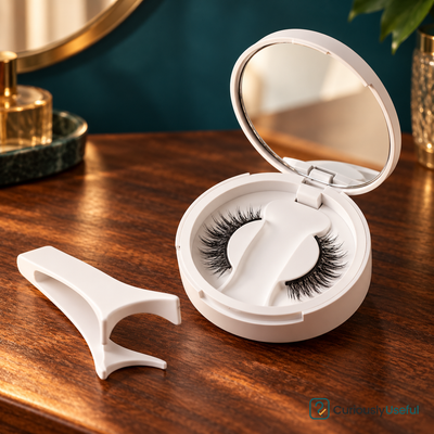 Open white magnetic lash storage compact with a pair of lash pieces and separate applicator on warm timber.