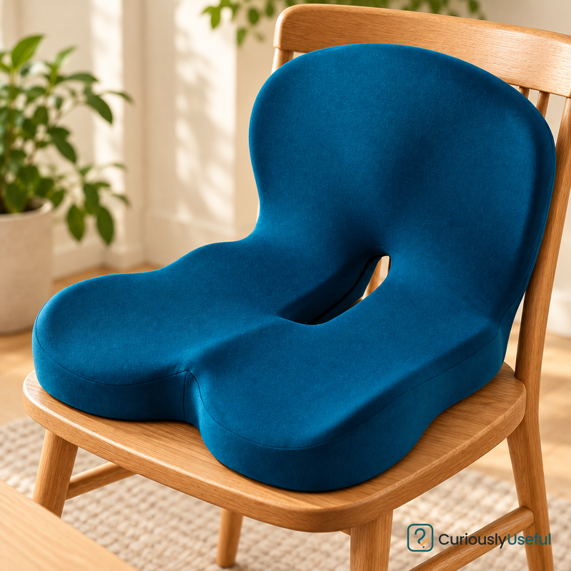 Purplish Blue one-piece contoured memory foam cushion on a timber chair.