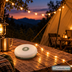 Rechargeable camping string-light reel on a timber table at dusk with warm lights beside a tent.
