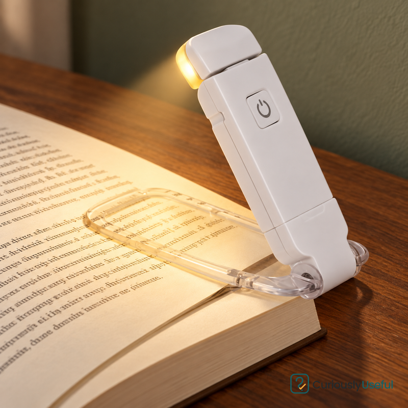 White rechargeable folding book light clipped to an open book on a timber bedside table.