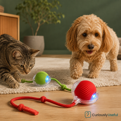 Red and green rechargeable smart rolling pet ball twin pack with braided rope attachments