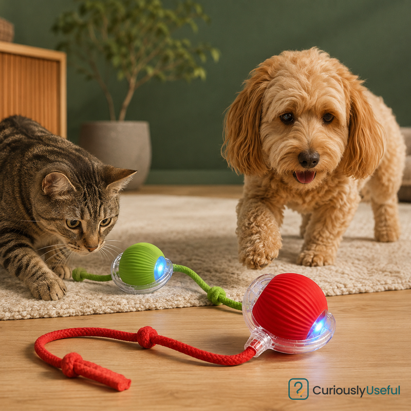 Red and green rechargeable smart rolling pet ball twin pack with braided rope attachments
