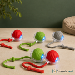 Red, green and grey rechargeable smart rolling pet balls with braided rope attachments and blue LED lights on a neutral tabletop