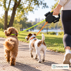 Owner walking two dogs through a sunny park using the black dual retractable dog lead.