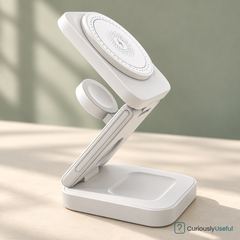 White three-in-one foldable wireless charger showing the phone pad, watch puck and earbuds pad.