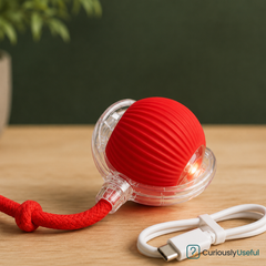 Red rechargeable smart rolling pet ball with braided rope attachment for cats and small dogs