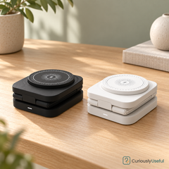 Black and white foldable wireless chargers shown closed side by side. One charger is supplied in the selected colour.
