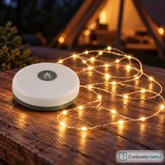 Circular rechargeable camping string-light reel with warm lights on a timber table.