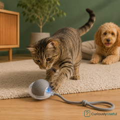 Tabby cat playing with a grey rechargeable smart rolling pet ball with braided rope attachment and blue LED light, with a small dog in the background