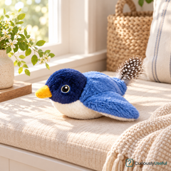 Blue Bird interactive flapping plush cat toy in bright window-seat setting
