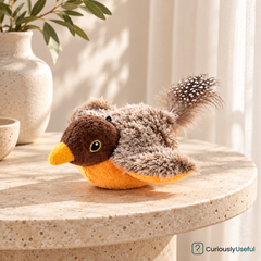 Cuckoo interactive flapping plush cat toy displayed on pale stone table