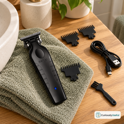 Black Kemei cordless hair trimmer displayed on a folded sage towel