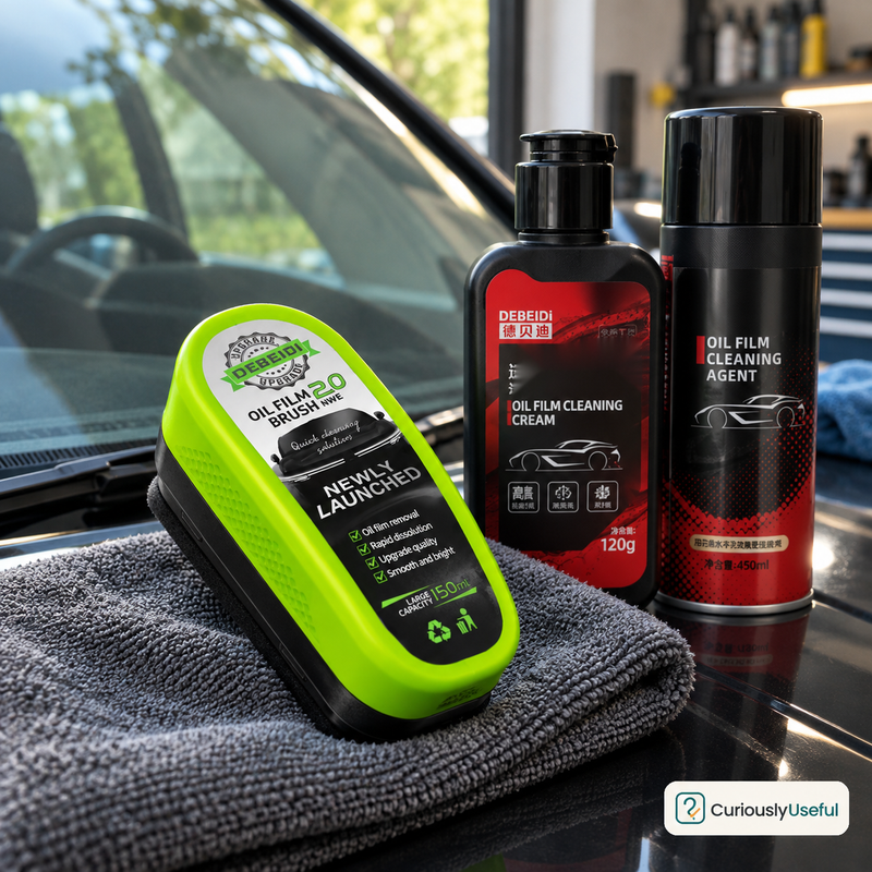 Car glass oil film remover applicator with 120g cleaning cream and 450ml spray beside a vehicle windscreen.
