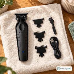 Black Kemei cordless hair trimmer set with three guide combs, cleaning brush and USB cable