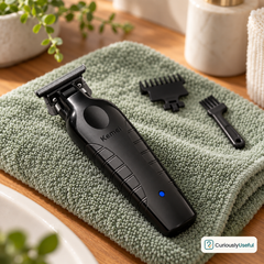 Close-up of the T-blade on a black Kemei cordless hair trimmer