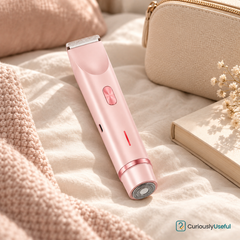 Pink 2-in-1 women’s shaver showing precision trimmer and rotary shaving head