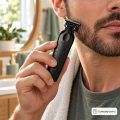 Man using a black Kemei cordless hair trimmer to shape his beard