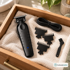 Black Kemei cordless hair trimmer and accessories stored neatly in a timber drawer