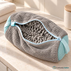 Shoe washing bag with soft textured interior and zip closure