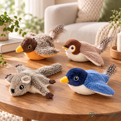 Interactive flapping plush cat toy variants including Blue Bird, Sparrow, Cuckoo and Flying Squirrel
