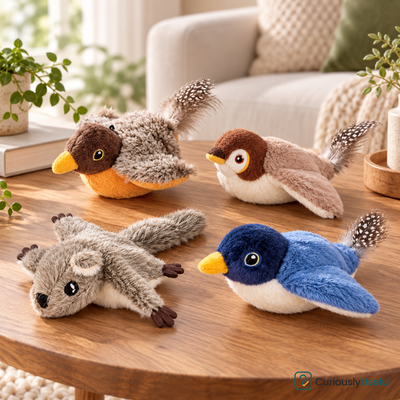 Interactive flapping plush cat toy variants including Blue Bird, Sparrow, Cuckoo and Flying Squirrel
