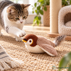 Cat reaching toward Sparrow interactive flapping plush cat toy