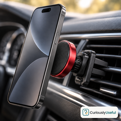 Vermilion magnetic car phone mount securely holding smartphone inside vehicle