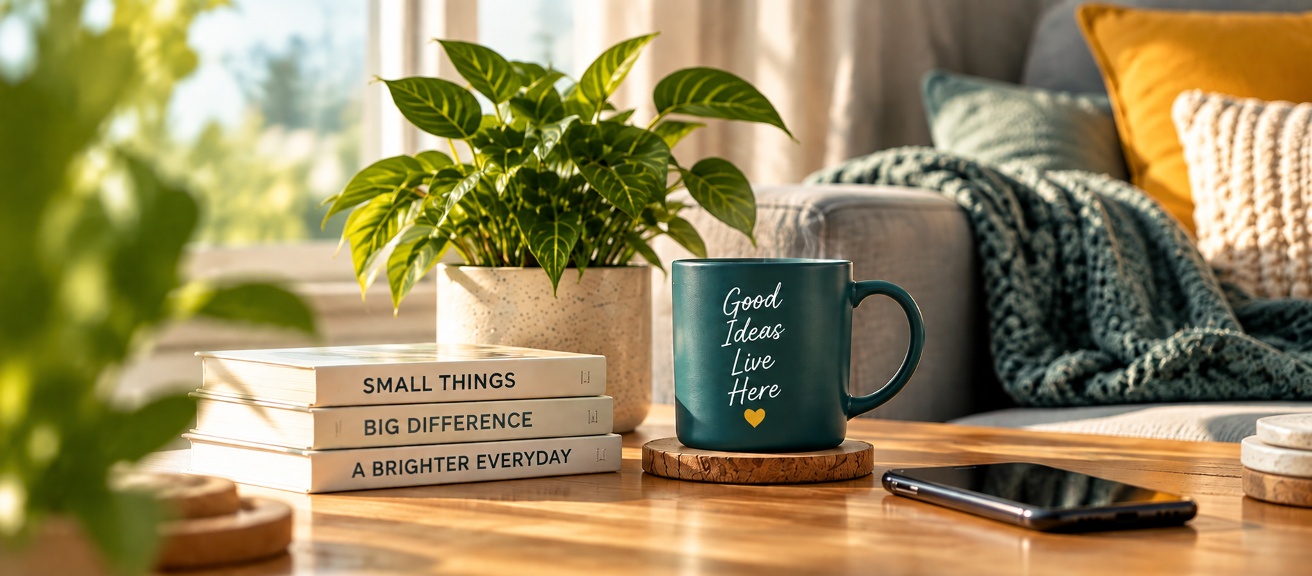 Curiously Useful sunny homepage hero with teal mug, books and indoor plant
